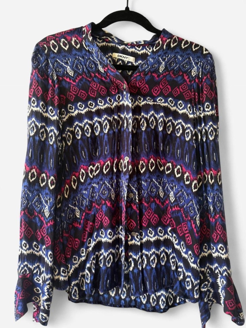 DKNYC Navy & Pink Ikat-Print Long-Sleeve Blouse